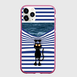 Чехол iPhone 11 Pro матовый Чёрный кот разорвал тельняшку душа моряка, цвет: 3D-малиновый