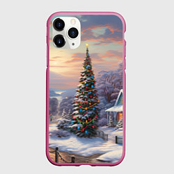 Чехол iPhone 11 Pro матовый Новогодняя елка на улице, цвет: 3D-малиновый