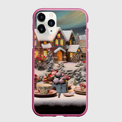 Чехол iPhone 11 Pro матовый Объемные новогодние домики, цвет: 3D-малиновый