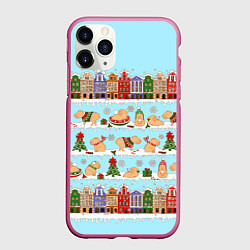 Чехол iPhone 11 Pro матовый Капибара с семьей на прогулке, цвет: 3D-малиновый