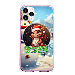 Чехол iPhone 11 Pro матовый Милый дракон на зимнем фоне, цвет: 3D-розовый