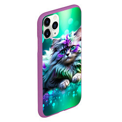 Чехол iPhone 11 Pro матовый Пушистый котенок в бирюзово фиолетовом боке, цвет: 3D-фиолетовый — фото 2