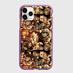 Чехол iPhone 11 Pro матовый Пейсли золотые узоры, цвет: 3D-фиолетовый