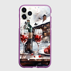 Чехол iPhone 11 Pro матовый Новогодние напитки на фоне зимнего пейзажа, цвет: 3D-фиолетовый