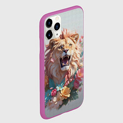 Чехол iPhone 11 Pro матовый Голова льва в цветах на холсте, цвет: 3D-фиолетовый — фото 2