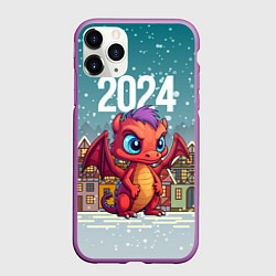 Чехол iPhone 11 Pro матовый Дракоша на фоне домиков, цвет: 3D-фиолетовый
