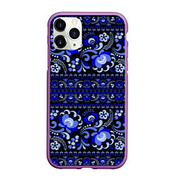Чехол iPhone 11 Pro матовый Новогодняя гжельская роспись цветами на чёрном фон, цвет: 3D-фиолетовый