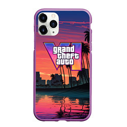 Чехол iPhone 11 Pro матовый GTA 6 лого на фоне заката, цвет: 3D-фиолетовый