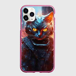 Чехол iPhone 11 Pro матовый Пламенный кот в стиле киберпанк, цвет: 3D-малиновый