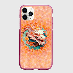 Чехол iPhone 11 Pro матовый Китайский дракон в розовых цветах, цвет: 3D-малиновый