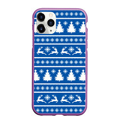 Чехол iPhone 11 Pro матовый Синий свитер с новогодними оленями, цвет: 3D-фиолетовый