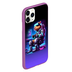 Чехол iPhone 11 Pro матовый Капибара в виртуальном шлеме - киберпанк, цвет: 3D-фиолетовый — фото 2