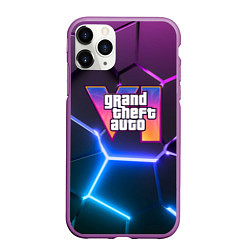 Чехол iPhone 11 Pro матовый GTA 6 лого на фоне разлома фиолетовых и синих плит, цвет: 3D-фиолетовый