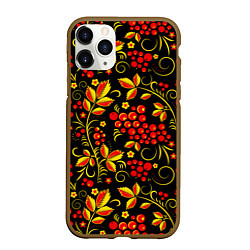 Чехол iPhone 11 Pro матовый Хохломская роспись золотистые листья чёрном фоне, цвет: 3D-коричневый