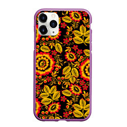 Чехол iPhone 11 Pro матовый Хохломская роспись золотистые листья и цветы чёрно, цвет: 3D-фиолетовый