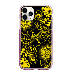 Чехол iPhone 11 Pro матовый Хохломская роспись золотые цветы на чёроном фоне, цвет: 3D-розовый