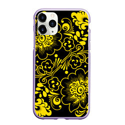 Чехол iPhone 11 Pro матовый Хохломская роспись золотые цветы на чёроном фоне, цвет: 3D-светло-сиреневый