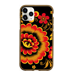 Чехол iPhone 11 Pro матовый Хохломская роспись красно-жёлтые цветы на чёрном ф, цвет: 3D-коричневый