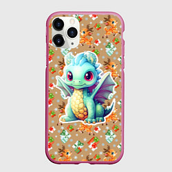 Чехол iPhone 11 Pro матовый Маленький синий дракон на фоне оленей, цвет: 3D-малиновый