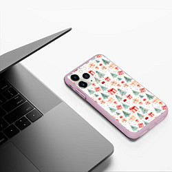 Чехол iPhone 11 Pro матовый Акварельные елочки и подарки, цвет: 3D-розовый — фото 2