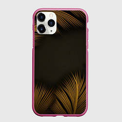 Чехол iPhone 11 Pro матовый Тонкие золотые листья на черном фоне, цвет: 3D-малиновый