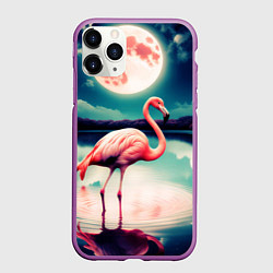 Чехол iPhone 11 Pro матовый Розовый фламинго на фоне луны, цвет: 3D-фиолетовый