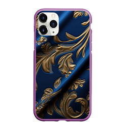 Чехол iPhone 11 Pro матовый Лепнина узоры золотистые на синем фоне, цвет: 3D-фиолетовый