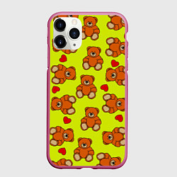 Чехол iPhone 11 Pro матовый Плюшевые мишки и сердца на желтом фоне, цвет: 3D-малиновый