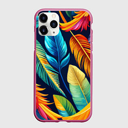 Чехол iPhone 11 Pro матовый Пёстрые пёрышки попугаев, цвет: 3D-малиновый