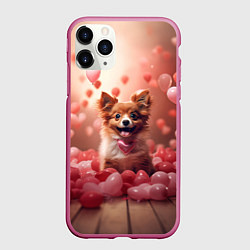 Чехол iPhone 11 Pro матовый Маленькая собачка в сердечках, цвет: 3D-малиновый