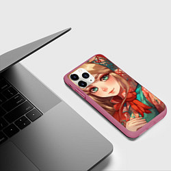 Чехол iPhone 11 Pro матовый Русская девушка в аниме стиле в платке и с плюшево, цвет: 3D-малиновый — фото 2