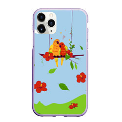 Чехол iPhone 11 Pro матовый Пара влюбленных попугаев на ветке с гибискусами, цвет: 3D-светло-сиреневый