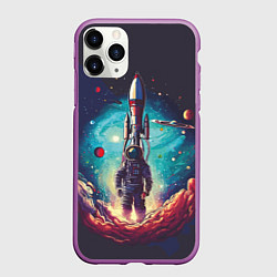 Чехол iPhone 11 Pro матовый Космонавт и ракета в космосе, цвет: 3D-фиолетовый