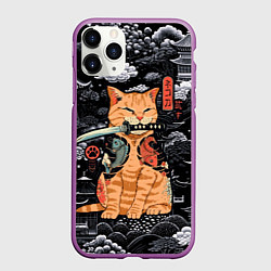 Чехол iPhone 11 Pro матовый Рыжий кот самурай с саблей, цвет: 3D-фиолетовый