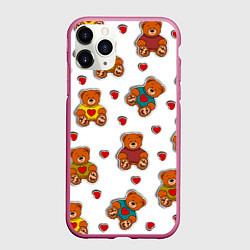 Чехол iPhone 11 Pro матовый Наклейки мишки игрушечные и сердца, цвет: 3D-малиновый