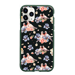 Чехол iPhone 11 Pro матовый Голуби с розами и ирисами black