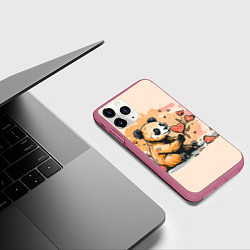 Чехол iPhone 11 Pro матовый Милая панда с сердечком и цветами, цвет: 3D-малиновый — фото 2