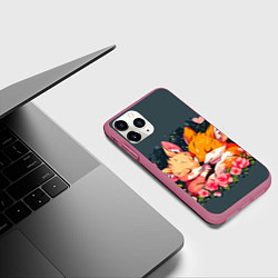 Чехол iPhone 11 Pro матовый Милые лисички в цветах, цвет: 3D-малиновый — фото 2