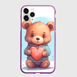 Чехол iPhone 11 Pro матовый Плюшевый мишка держит сердечко, цвет: 3D-фиолетовый