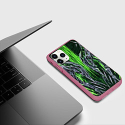 Чехол iPhone 11 Pro матовый Железо и зелёные полосы, цвет: 3D-малиновый — фото 2
