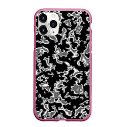 Чехол iPhone 11 Pro матовый Капли жидкого металла - камуфляж на чёрном, цвет: 3D-малиновый