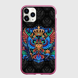 Чехол iPhone 11 Pro матовый Герб России неоновый стиль, цвет: 3D-малиновый