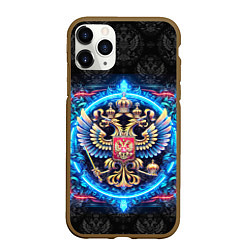Чехол iPhone 11 Pro матовый Яркий неоновый герб России, цвет: 3D-коричневый