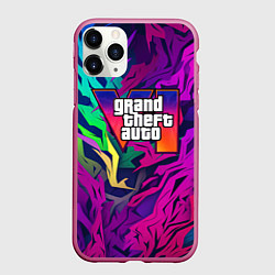 Чехол iPhone 11 Pro матовый Gta лого фиолетовый камуфляж, цвет: 3D-малиновый