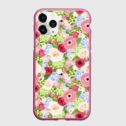 Чехол iPhone 11 Pro матовый Фон с розами, лютиками и гортензиями, цвет: 3D-малиновый