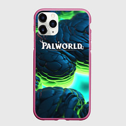 Чехол iPhone 11 Pro матовый Palworld логотип на ярких синих и зеленых неоновых, цвет: 3D-малиновый