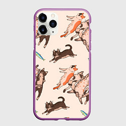 Чехол iPhone 11 Pro матовый Коты и рыба, цвет: 3D-фиолетовый
