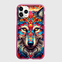 Чехол iPhone 11 Pro матовый Красочный волк, цвет: 3D-малиновый