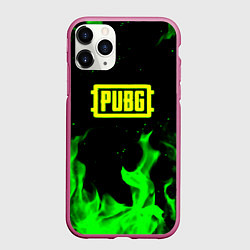 Чехол iPhone 11 Pro матовый PUBG кислотное лого огненный стиль, цвет: 3D-малиновый