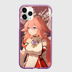Чехол iPhone 11 Pro матовый Genshin Impact Яэ Miko smile kitsune, цвет: 3D-фиолетовый